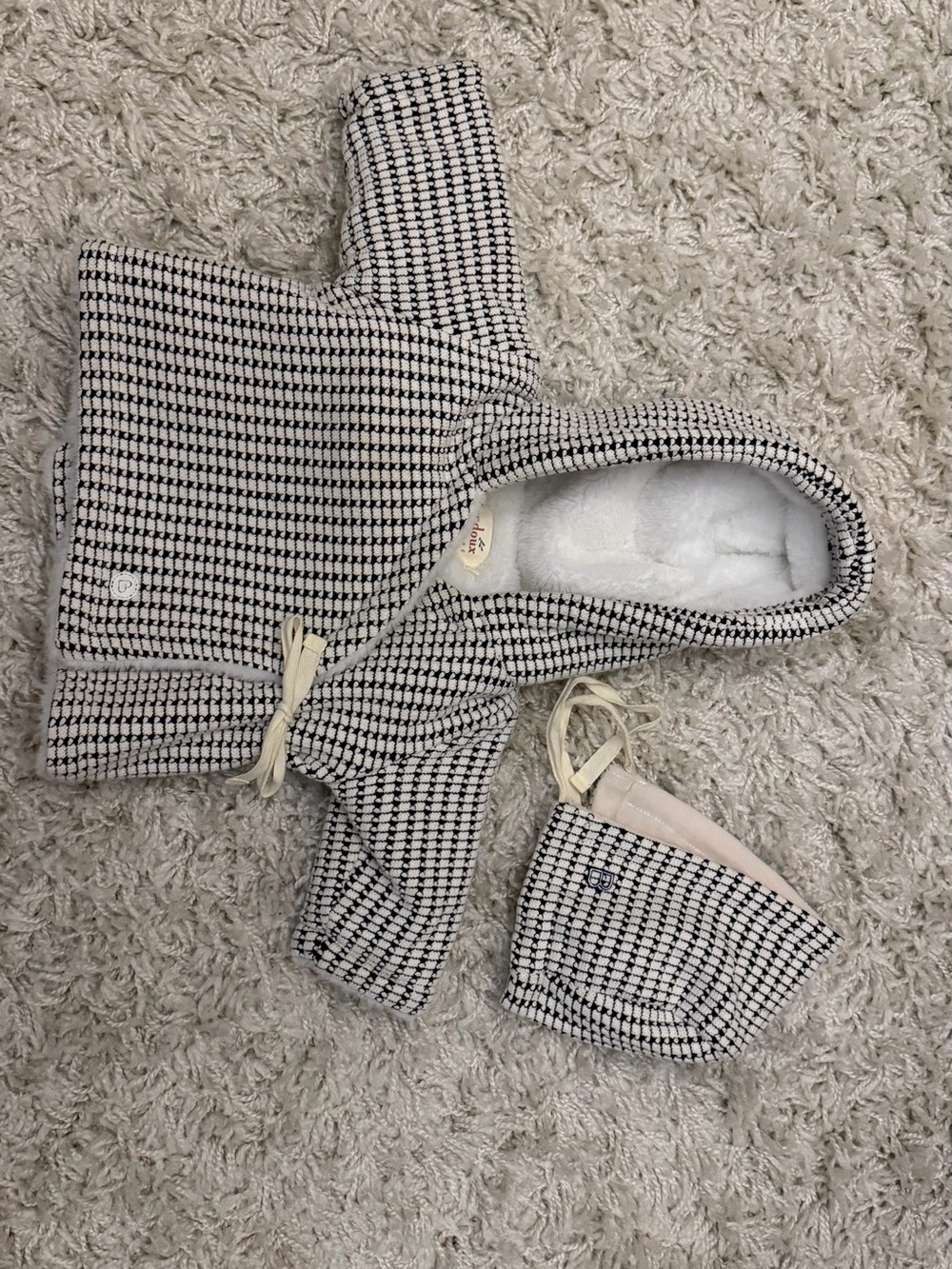 Black & White Houndstooth Hooded Baby Jacket with Matching Bonnet